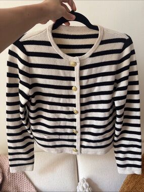 Button-Front Black and Cream Striped Cardigan Sweater